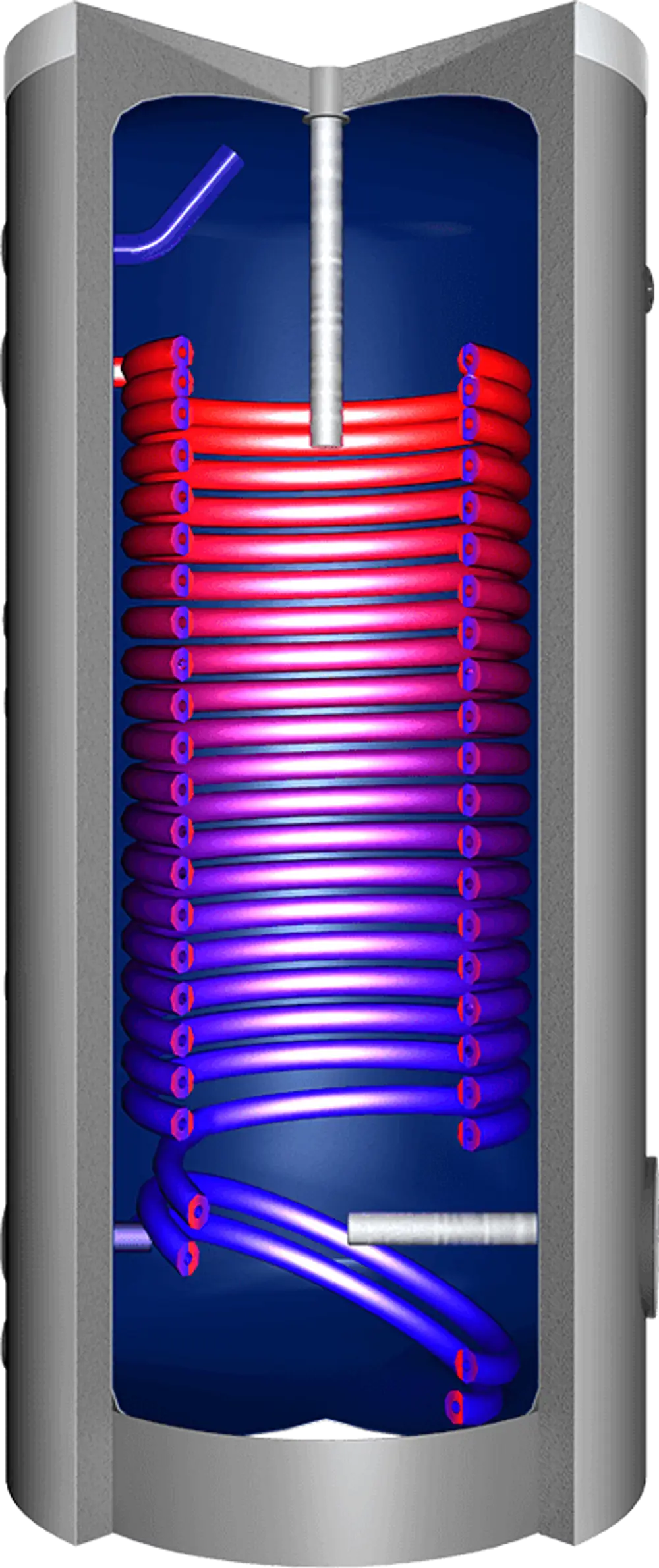 Innensicht eines Silber-Heat-Store von Juratherm mit spiralförmigen Rohren zur Warmwasserbereitung in vertikaler Anordnung.